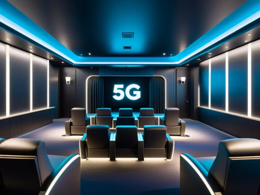 Un elegante vestíbulo de cine futurista con tecnología 5G integrada