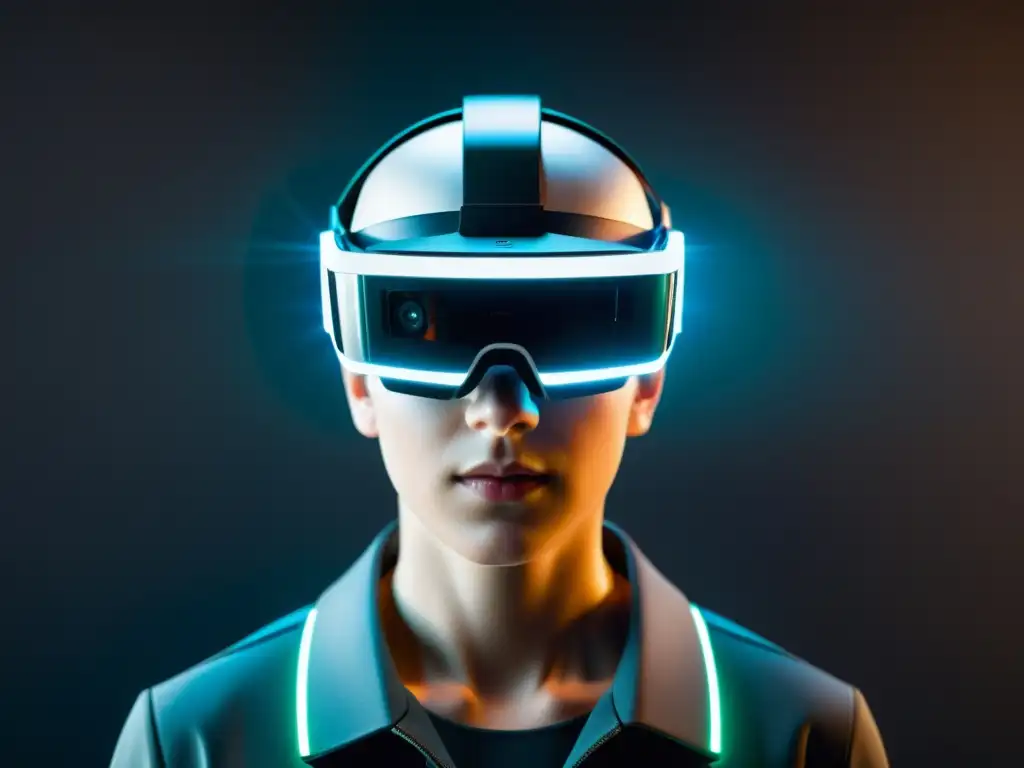 Un elegante visor de realidad aumentada en un entorno futurista, evocando el potencial de la Realidad Aumentada en formación ingenieros