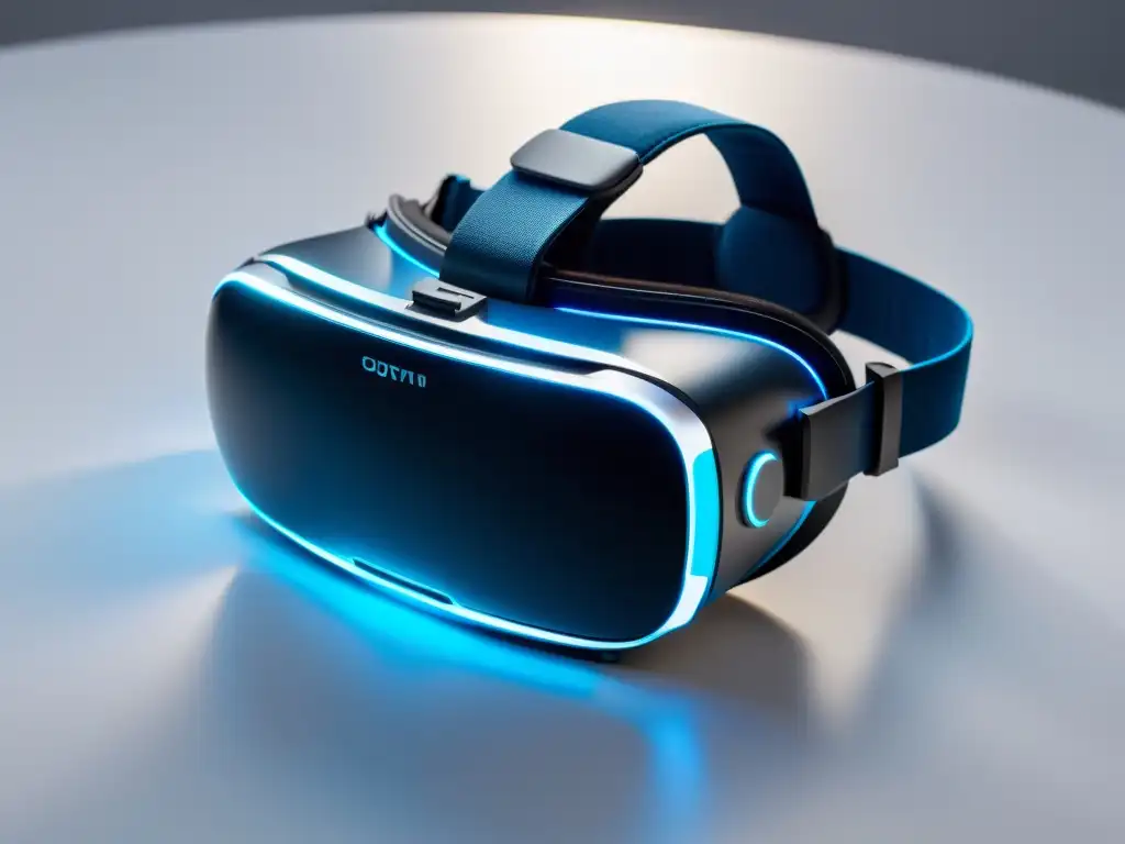 Un elegante visor de realidad virtual descansa sobre una superficie blanca, iluminado por una suave luz azul futurista