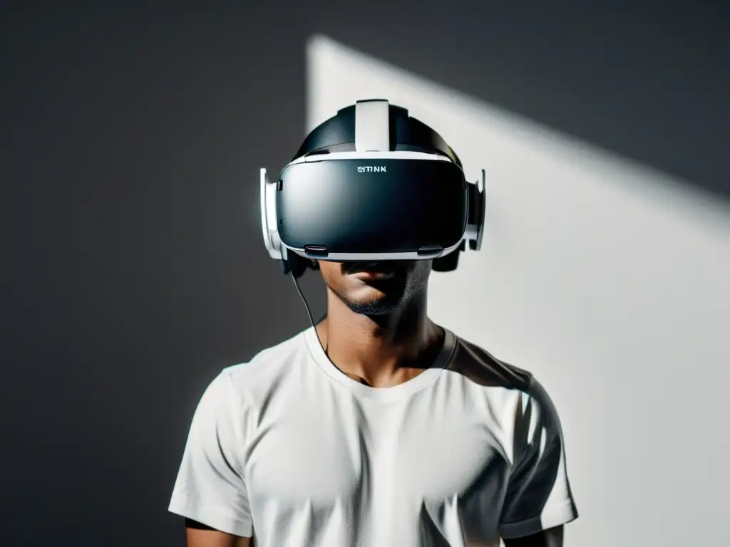 Un elegante visor de realidad virtual descansa sobre una superficie blanca, destacando su diseño minimalista