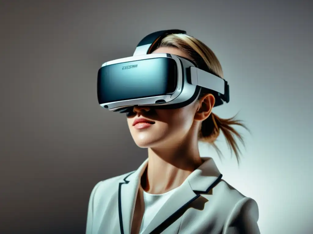 Un elegante visor de realidad virtual descansa sobre una superficie blanca, evocando sofisticación y tecnología de vanguardia