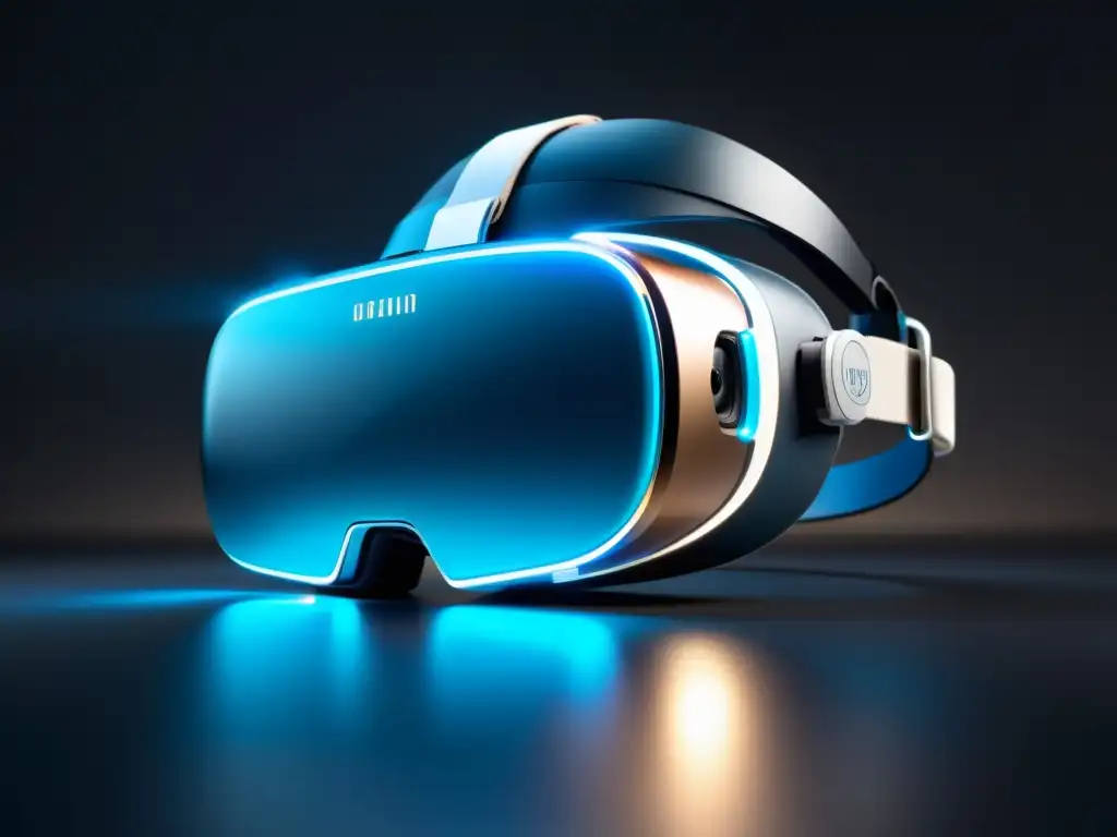 Un elegante visor de realidad virtual con un brillo azul suave, rodeado de código digital, evocando películas en realidad virtual