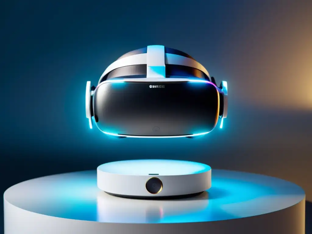 Aurora de Realidad Virtual: Tecnología Futurista Un elegante visor de realidad virtual descansa en un pedestal blanco, rodeado de elementos holográficos futuristas
