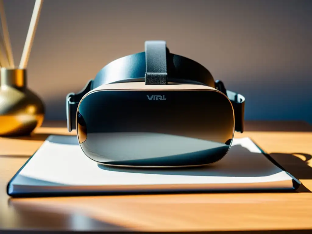 Un elegante visor de realidad virtual descansa sobre un escritorio moderno y limpio, con una iluminación suave y cálida