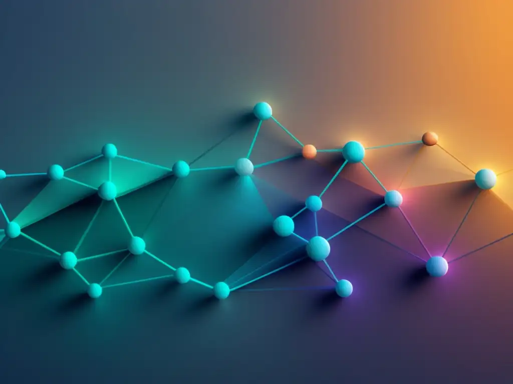 Una elegante visualización de datos de redes complejas con nodos y bordes en un esquema de colores degradados, transmitiendo claridad y simplicidad