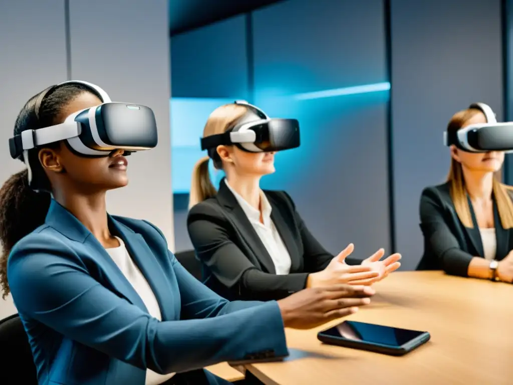 Empleados corporativos colaboran en una simulación de entrenamiento en realidad virtual con gamificación en un entorno corporativo en 3D