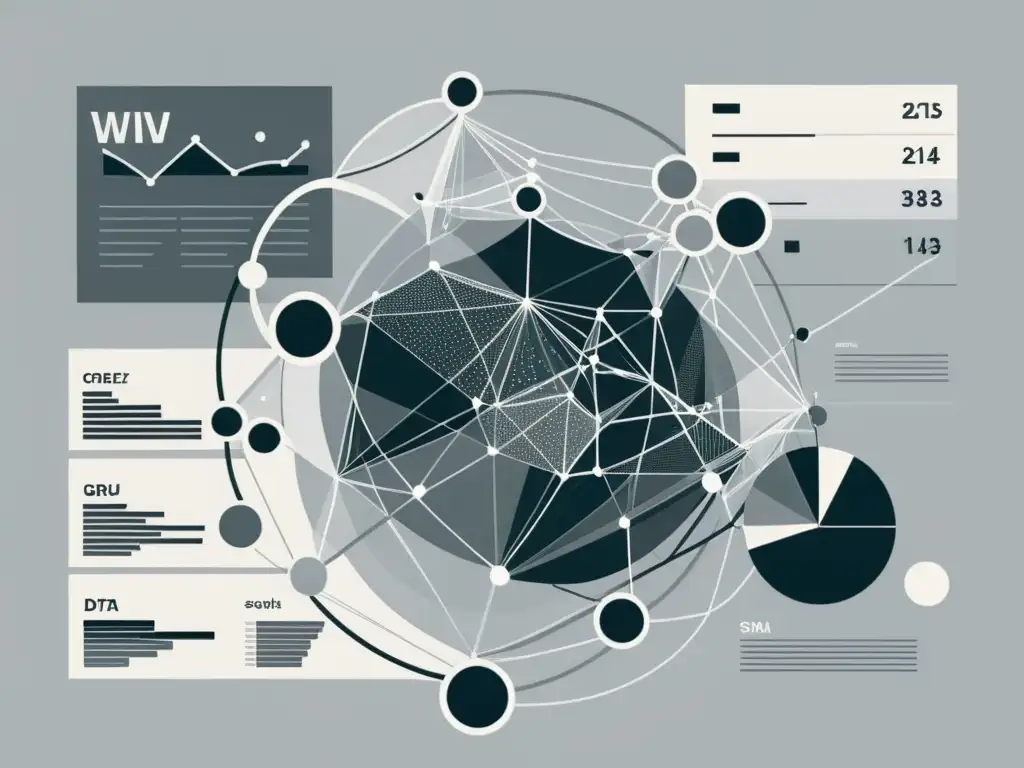 Un enredado y caótico entramado de visualizaciones de datos en tonos de gris, transmitiendo la complejidad de la visualización de datos