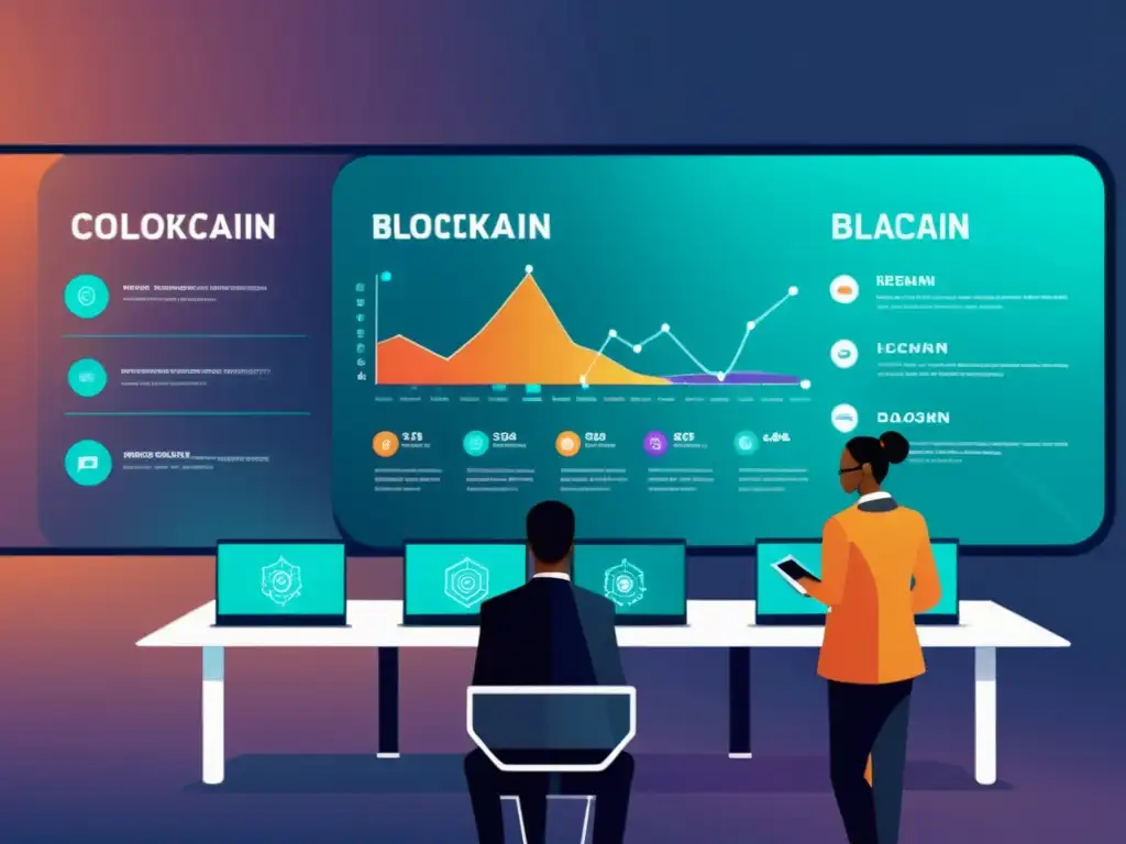 Un entorno de aprendizaje colaborativo en Blockchain, simbolizando la democratización del aprendizaje en un ambiente futurista e innovador