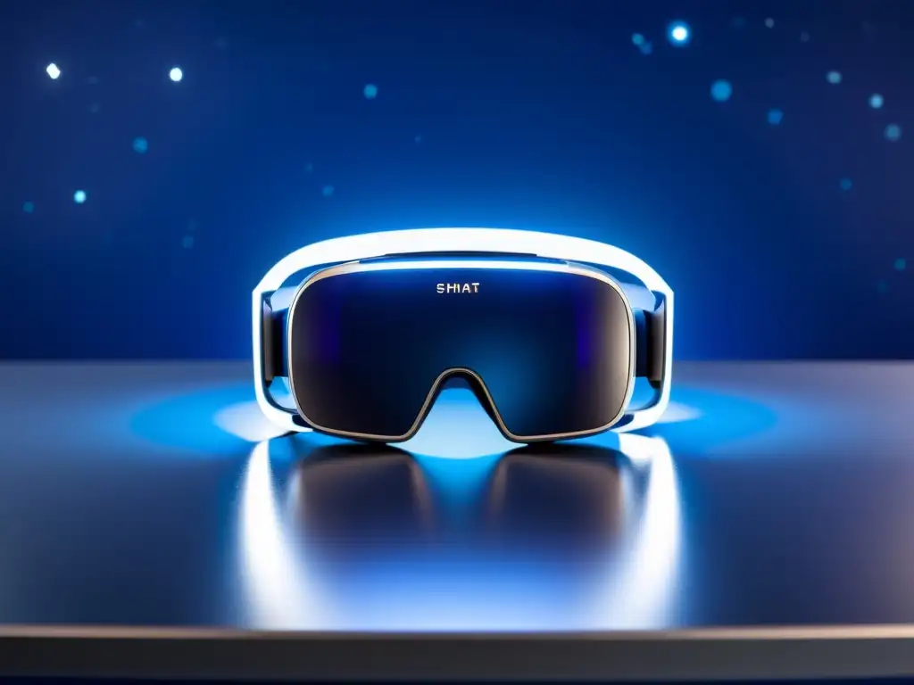 Un entorno futurista con auriculares de realidad virtual y gafas de realidad aumentada en una mesa iluminada