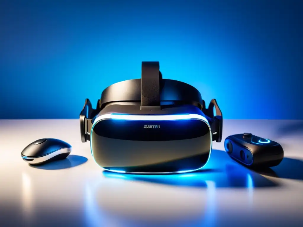 Un entorno minimalista y futurista con auriculares de realidad virtual iluminados en azul