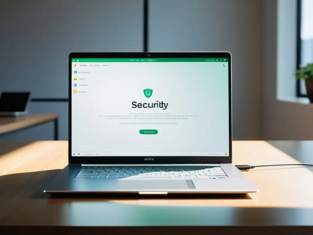 Un entorno profesional y eficiente: un elegante portátil en un escritorio ordenado, con herramientas para auditorías de seguridad efectivas
