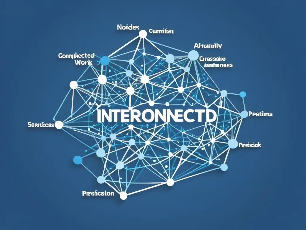 Un entramado azul de nodos y caminos, evocando algoritmos de procesamiento del lenguaje natural en IA