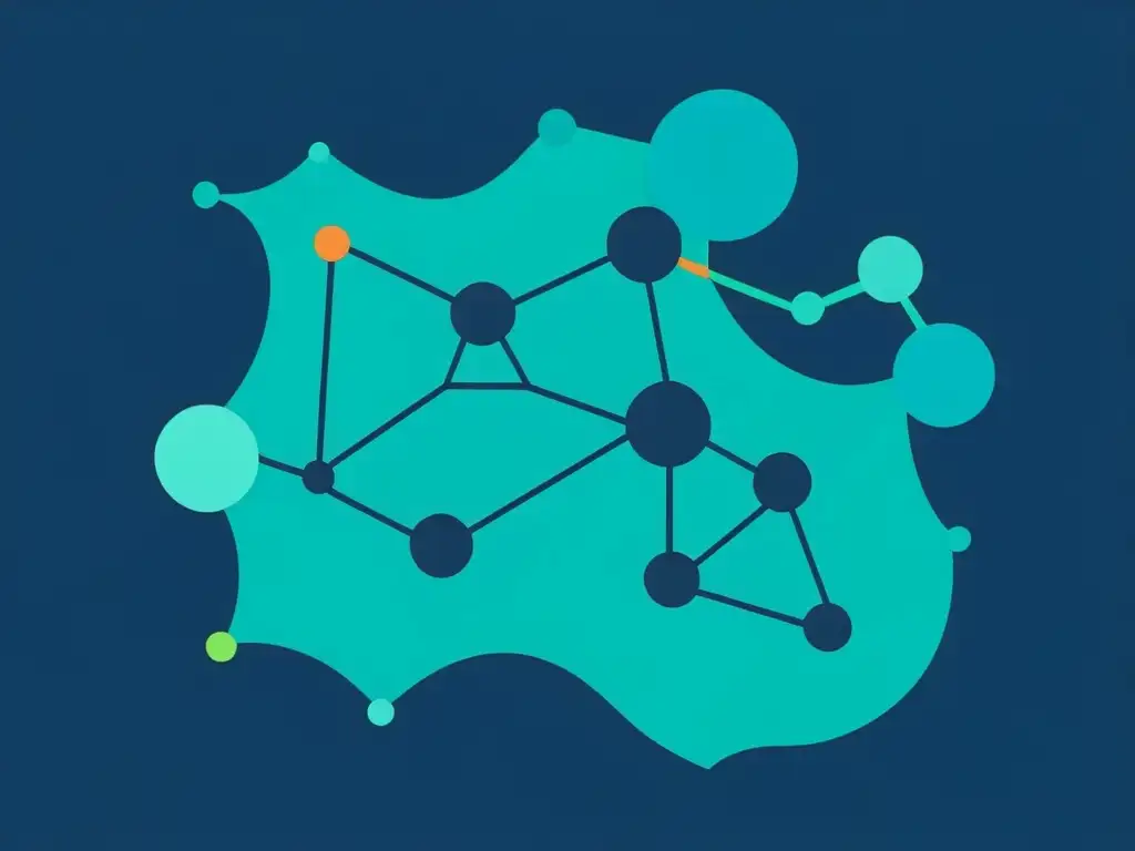 Un entramado de nodos y datos en tonos azules y verdes, simbolizando la complejidad de las estrategias de data mining