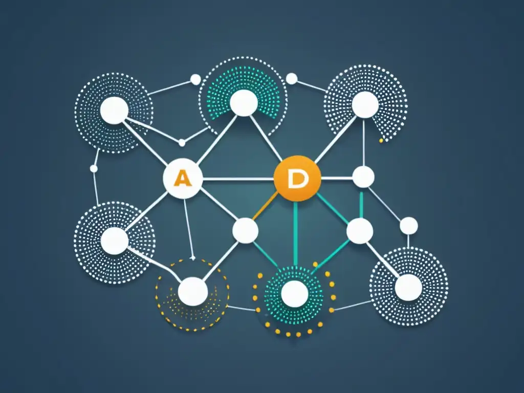 Un entramado de nodos interconectados forma una red descentralizada, ilustrando la autonomía y conexión de las DAOs descentralizadas