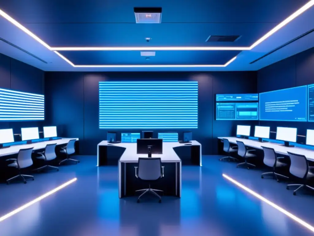 Entrenamiento antihackeo para equipos en sala ultramoderna de ciberseguridad, con monitores, código y ambiente futurista en azul