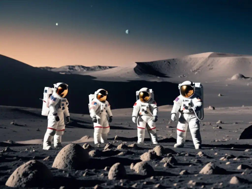 Exploración lunar: astronautas y robots en acción Entrenamiento de astronautas y robots en simulaciones espaciales lunares, con la Tierra en el horizonte