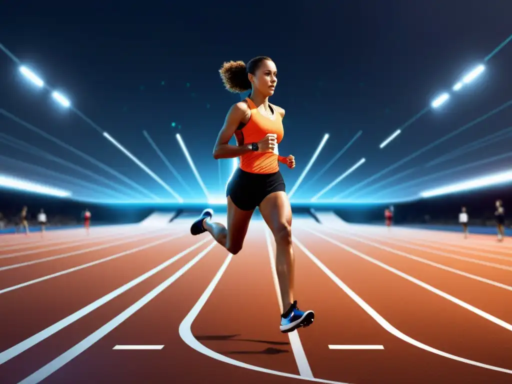 Entrenamiento de atletismo con Big Data: pista futurista con atletas de élite y tecnología de vanguardia