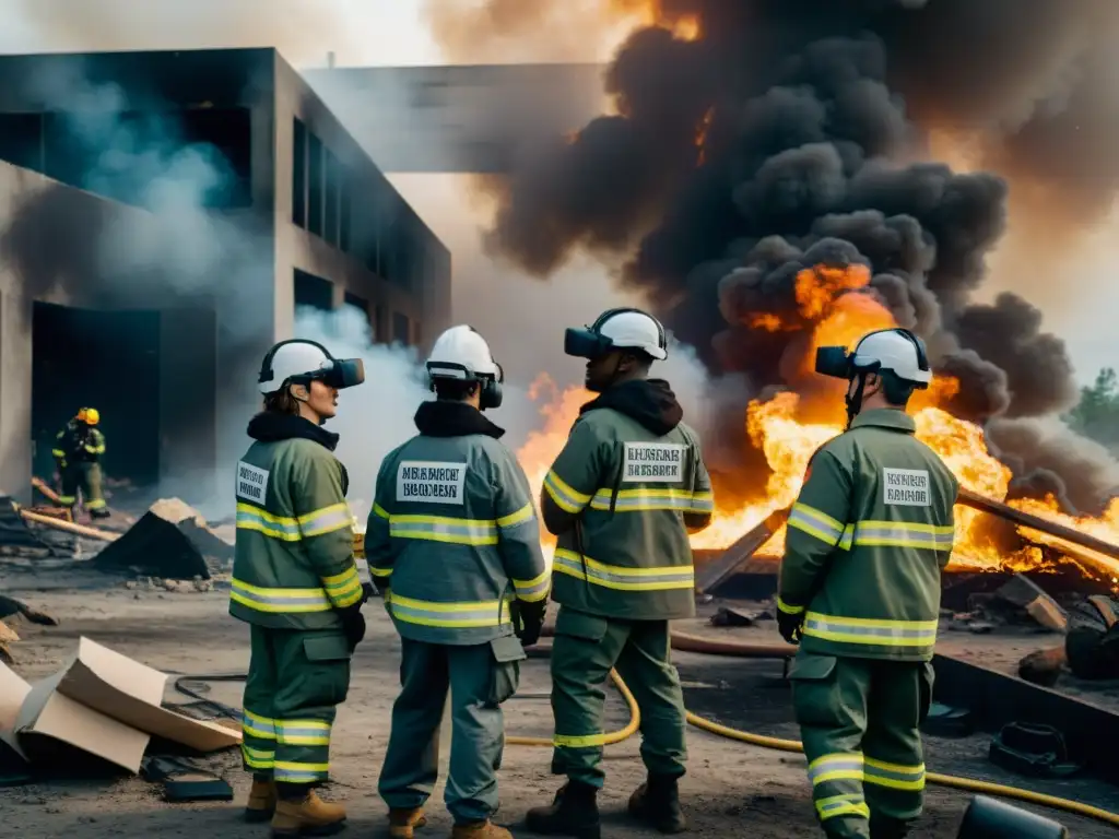 Entrenamiento en emergencias con aplicaciones de realidad virtual; equipo evaluando situación y brindando ayuda en zona simulada con humo y escombros