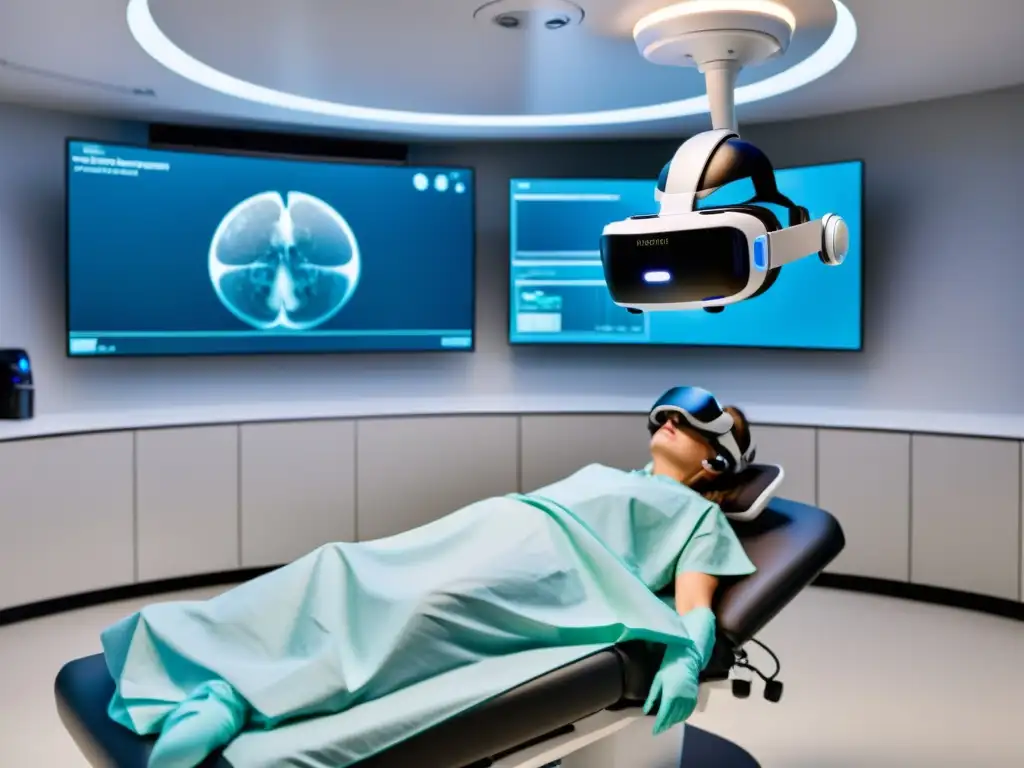 Entrenamiento médico con IA: profesionales usan VR para práctica quirúrgica en sala moderna y tecnológica