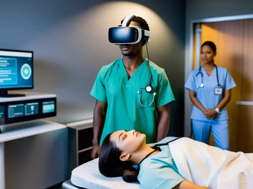 Entrenamiento médico con IA: Simulación de realidad virtual detallada en un entorno hospitalario moderno con equipos médicos y avatares realistas