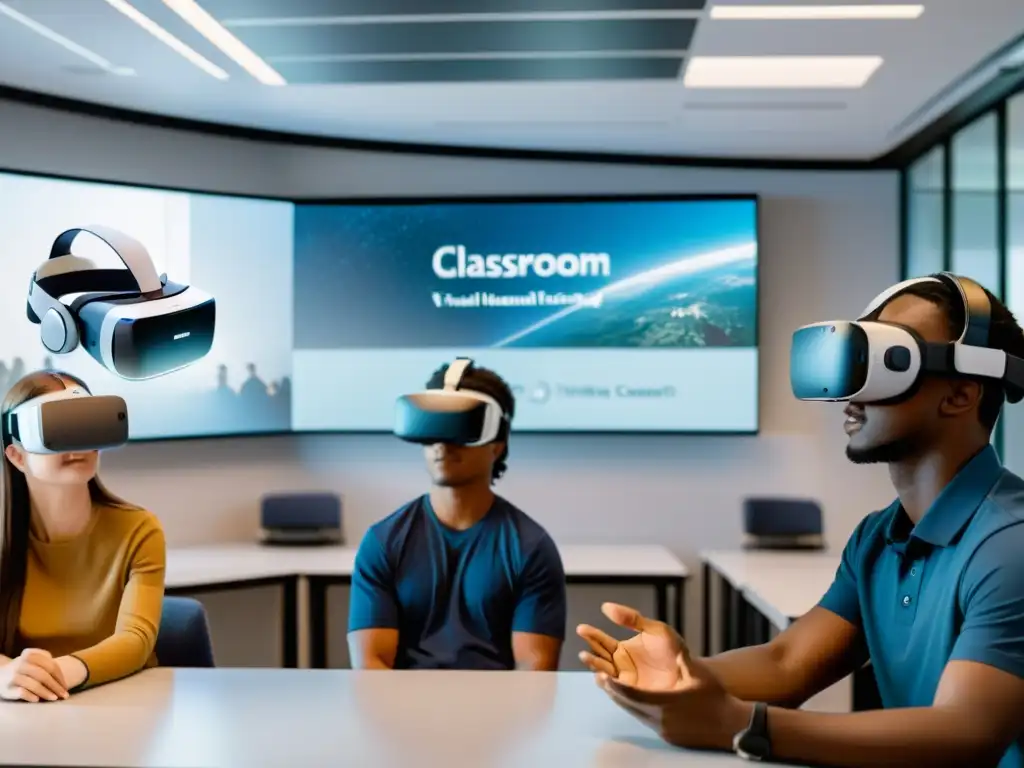 Transformación educativa y entrenamiento con RV/RA: Estudiantes inmersos en contenido educativo de realidad virtual en aula moderna y luminosa