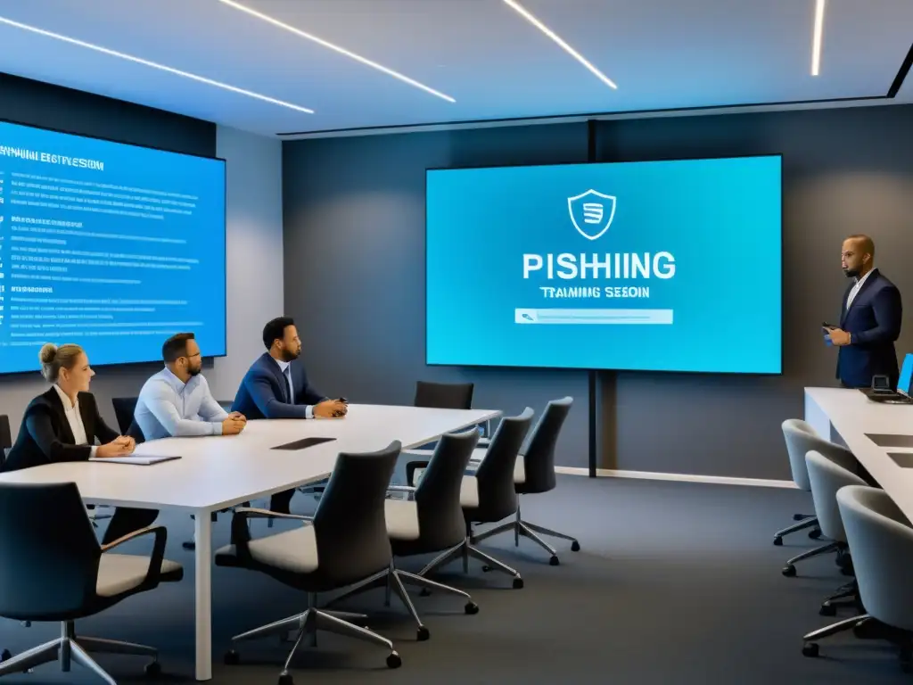 Entrenamiento en simulacros de phishing en imagen 8k detallada con profesionales colaborando en una oficina moderna