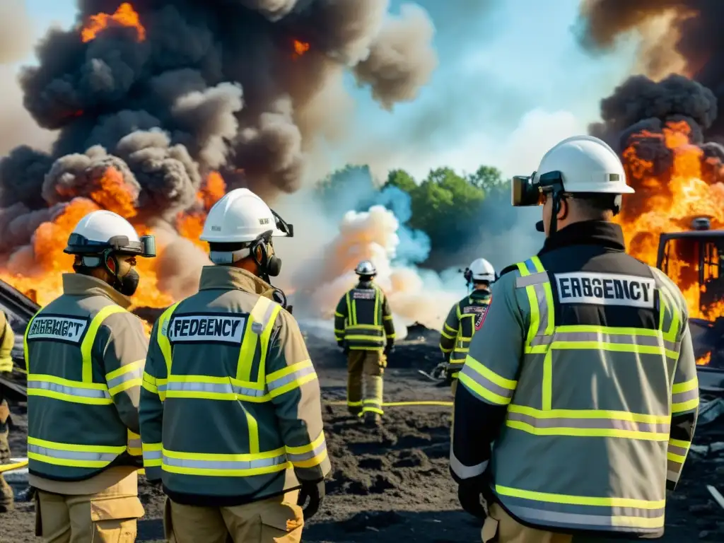 Entrenamiento con simuladores de RA para emergencias: Equipo de emergencia coordinando esfuerzos con tecnología AR en escena realista de desastre