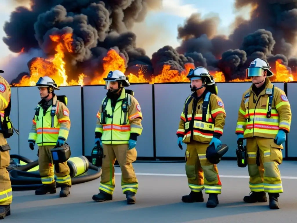 Entrenamiento con simuladores de RA para emergencias: Equipo de respuesta enfrentando escenario de desastre con tecnología de realidad aumentada