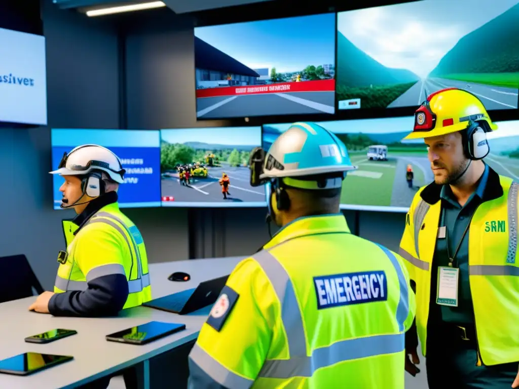 Entrenamiento con simuladores de RA para emergencias: Primeros respondedores practican técnicas de rescate en un escenario urbano detallado en 8k