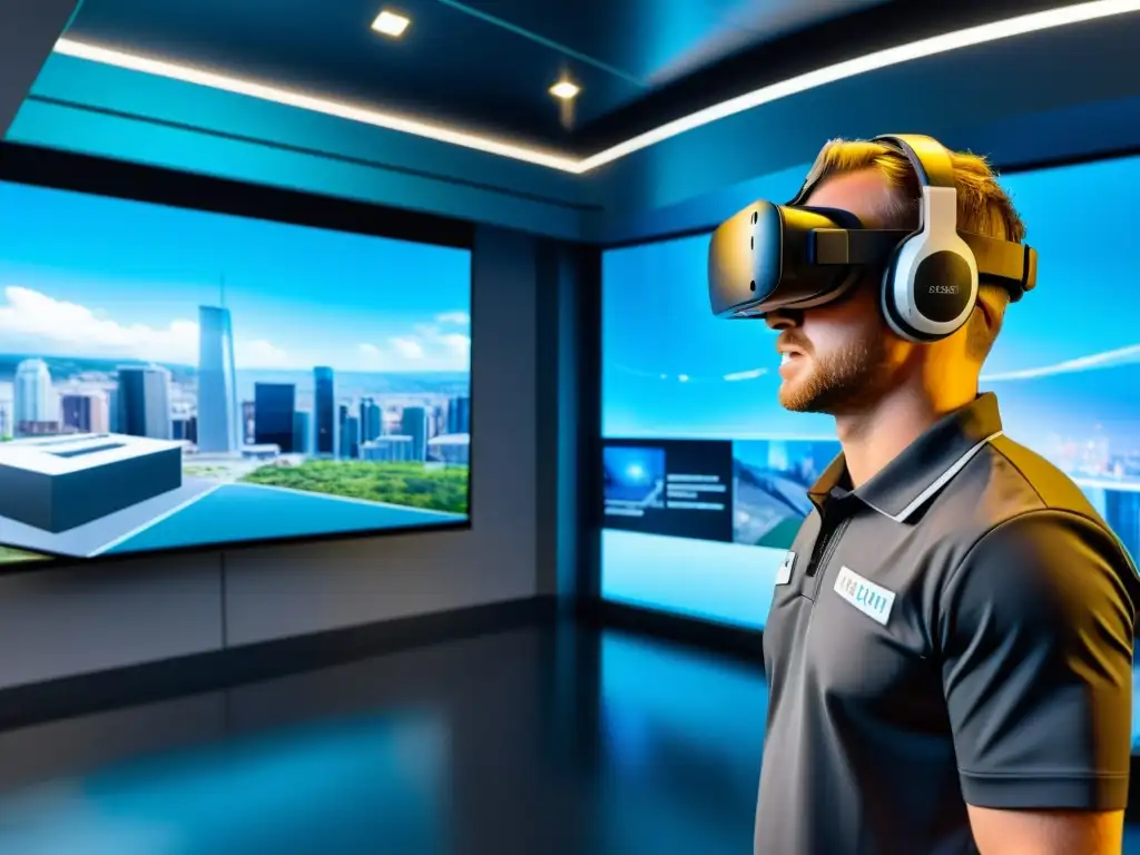Entrenamiento con simuladores de RA para emergencias en sala de realidad virtual de alta tecnología con vista a la ciudad