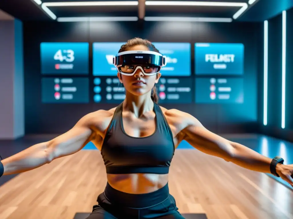 Entrenamientos mejorados con realidad aumentada en un gimnasio futurista con hologramas y actividades de fitness variadas