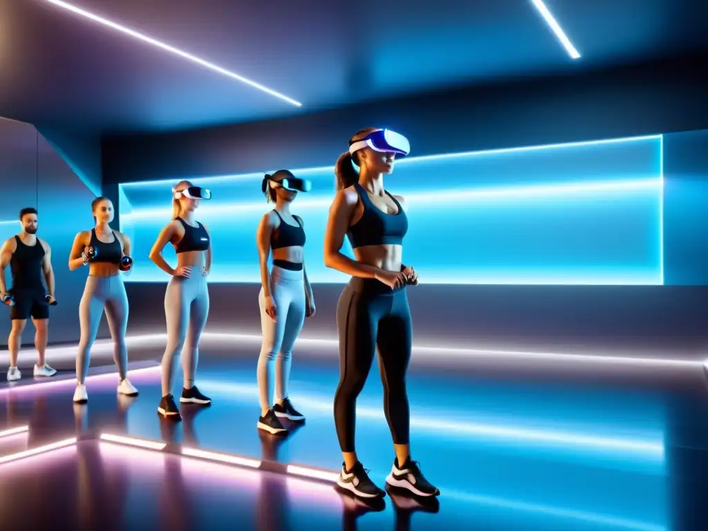 Entrenamientos mejorados con realidad aumentada: Entrenadores holográficos lideran una sesión de ejercicio en un gimnasio minimalista y futurista