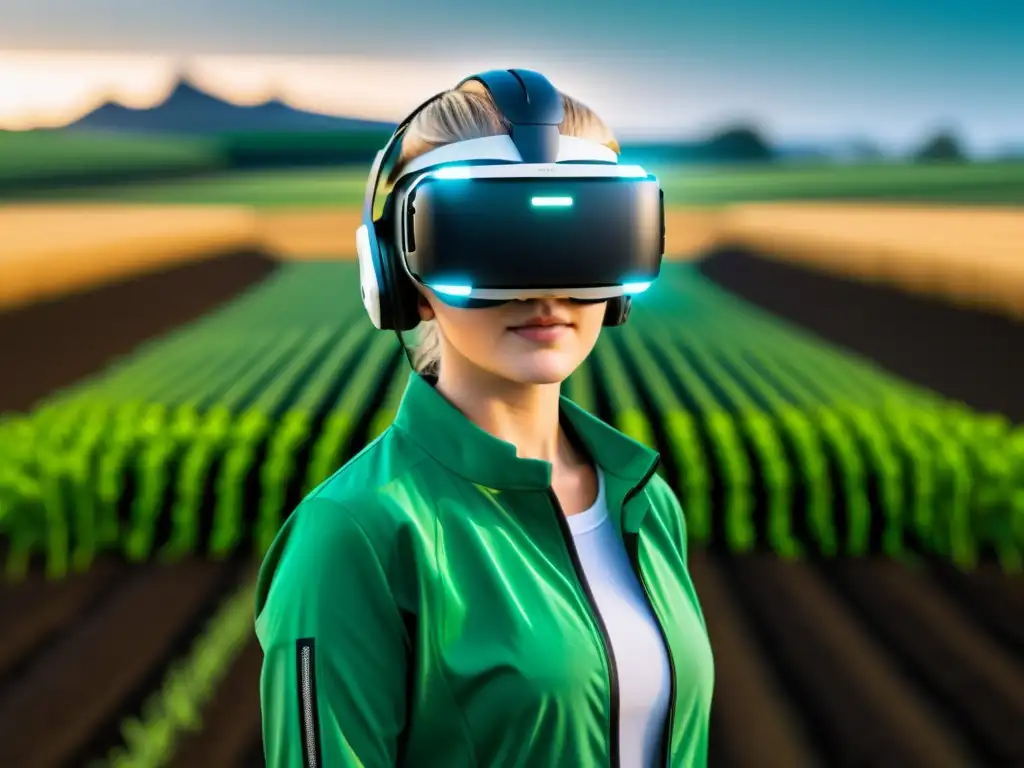 Entrenamientos de Realidad Virtual en agricultura: Futurista simulación de VR para la agricultura de precisión, con tecnología avanzada y paisajes virtuales interactivos