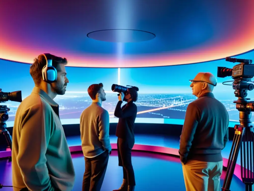 Equipo de producción y distribución cinematográfica 5G colaborando en un set futurista con tecnología avanzada y colores vibrantes