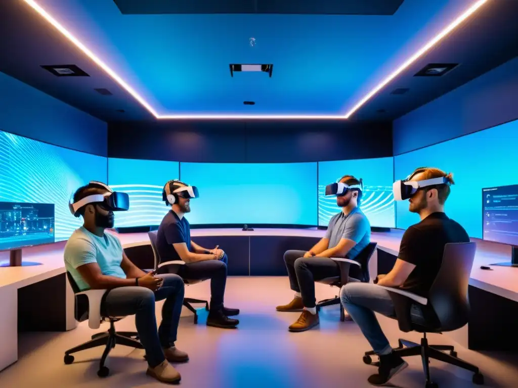 Equipo de desarrolladores de videojuegos en Realidad Virtual, inmersos en un entorno futurista de innovación y creatividad