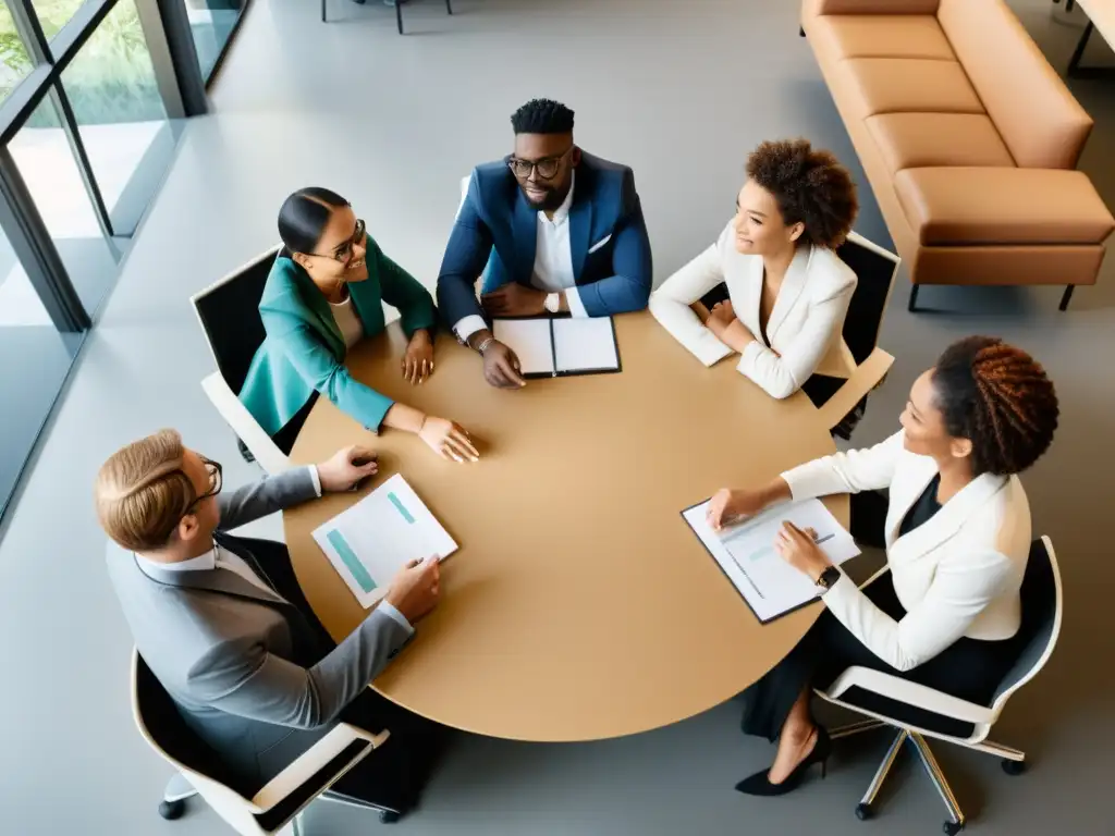 Equipo diverso debatiendo en una oficina moderna