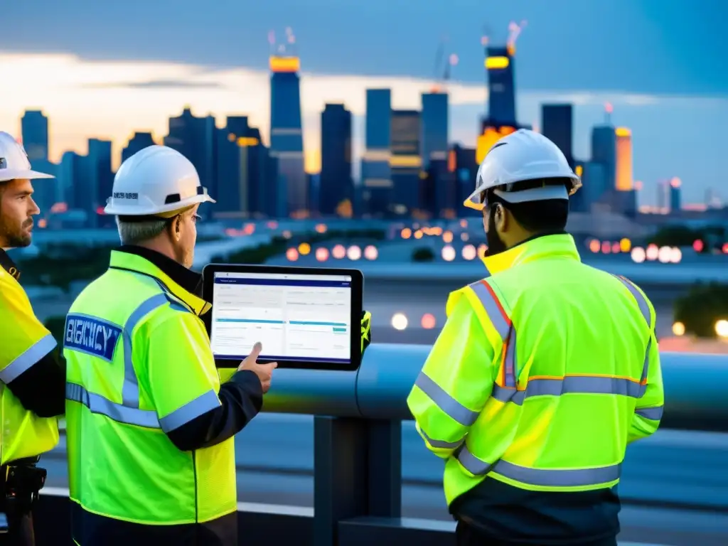 Equipo de emergencia usando Big Data para análisis de crisis, coordinando esfuerzos en medio de la urgencia urbana