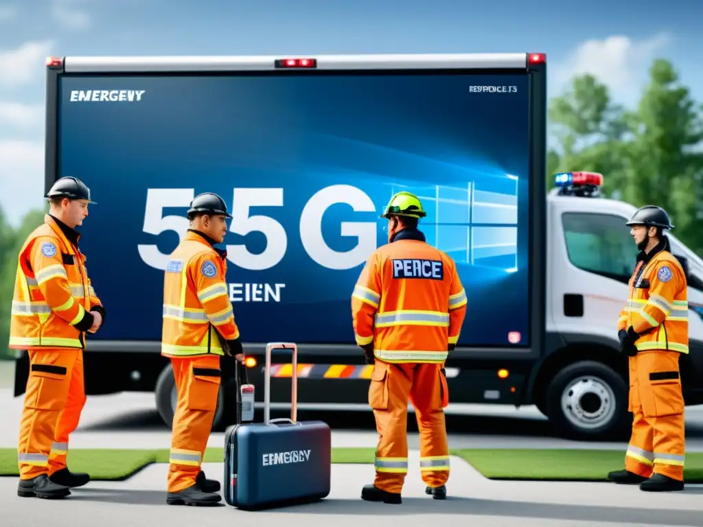 Equipo de emergencia coordinando con dispositivos 5G en un desastre, destacando beneficios de 5G en desastres