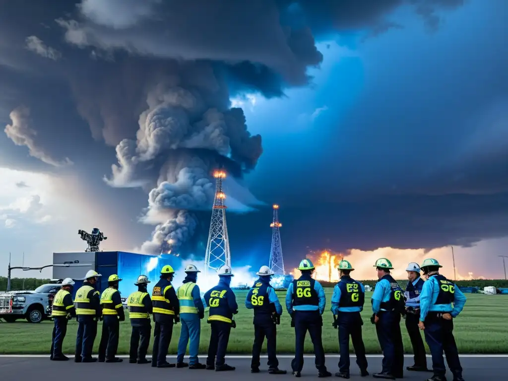 Un equipo de emergencia coordina esfuerzos bajo la luz azul de torres 5G, mostrando la importancia de la tecnología en desastres