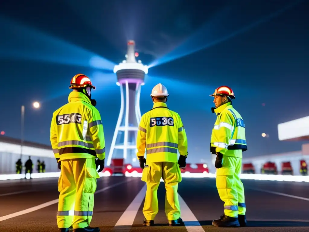 Equipo de emergencia coordinando bajo la luz de las farolas, con la torre 5G futurista de fondo, destacando el impacto del 5G en emergencias