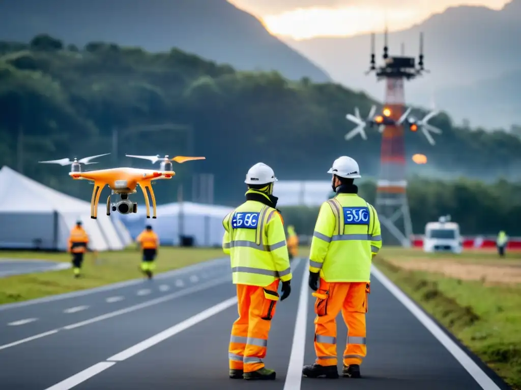 Equipo de emergencia coordinando operación en zona de desastre, resaltando beneficios del 5G en emergencias