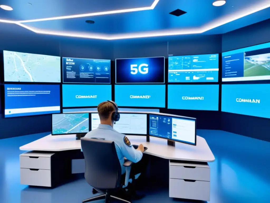 Equipo de emergencia coordinando respuesta con tecnología 5G en centro de comando futurista, mostrando el impacto del 5G en emergencias