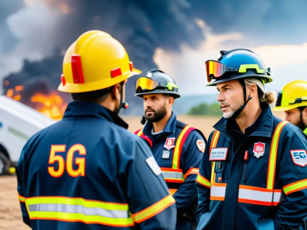 Equipo de emergencia usando tecnología 5G para coordinar ayuda en desastre, transmitiendo esperanza y eficiencia