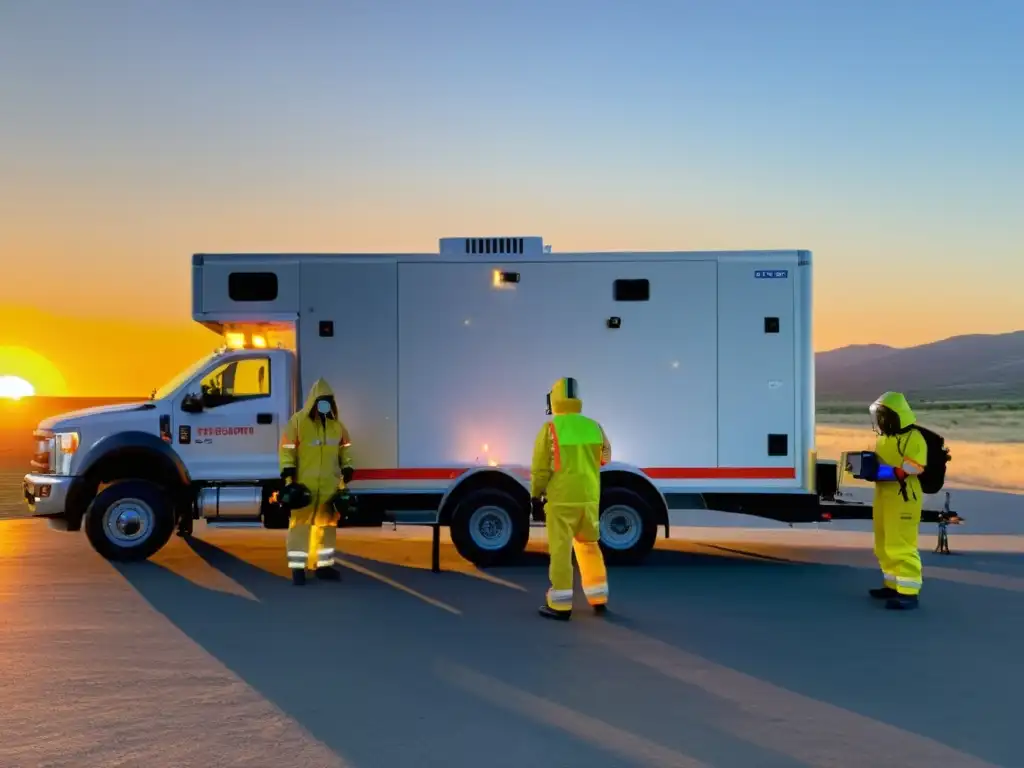 Equipo de emergencia en trajes de protección frente a una unidad de pruebas móvil al atardecer, reflejando la urgencia y determinación en la gestión emergencias sanitarias con Big Data