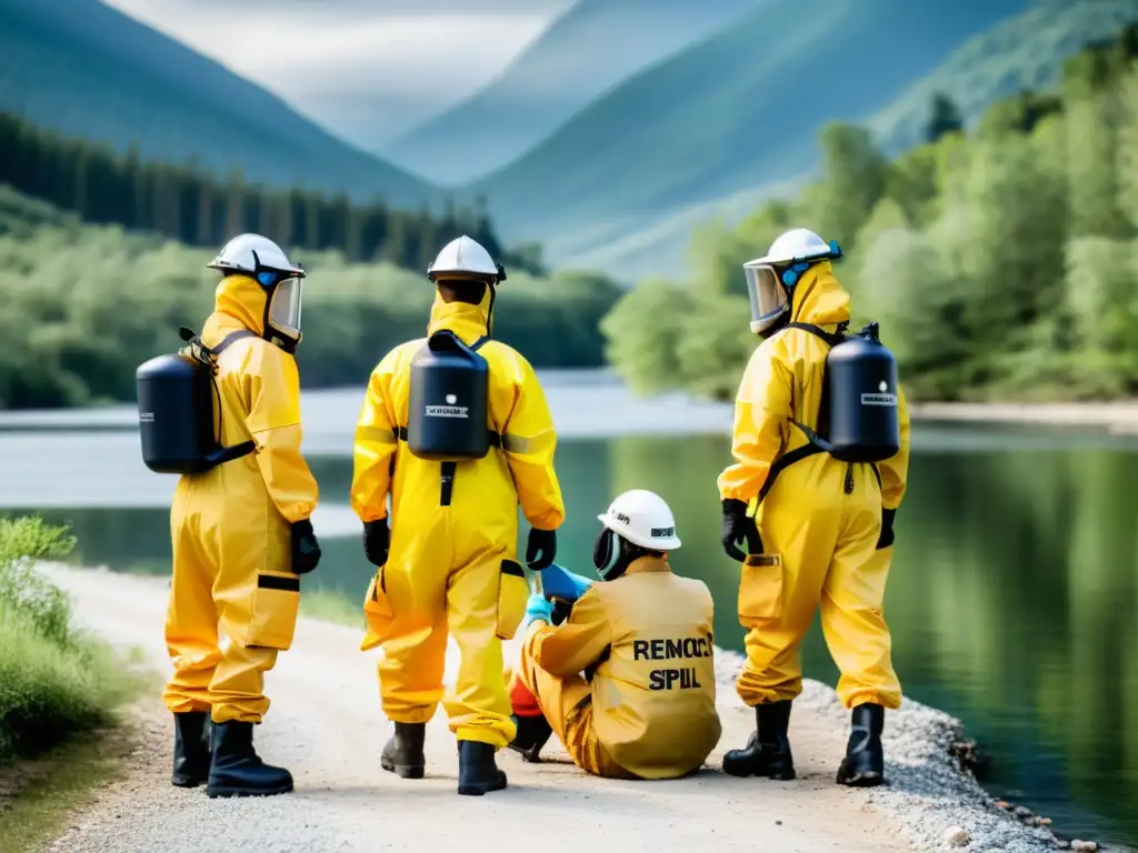 Equipo de emergencia en trajes hazmat coordinando respuesta a derrame químico en ambiente natural