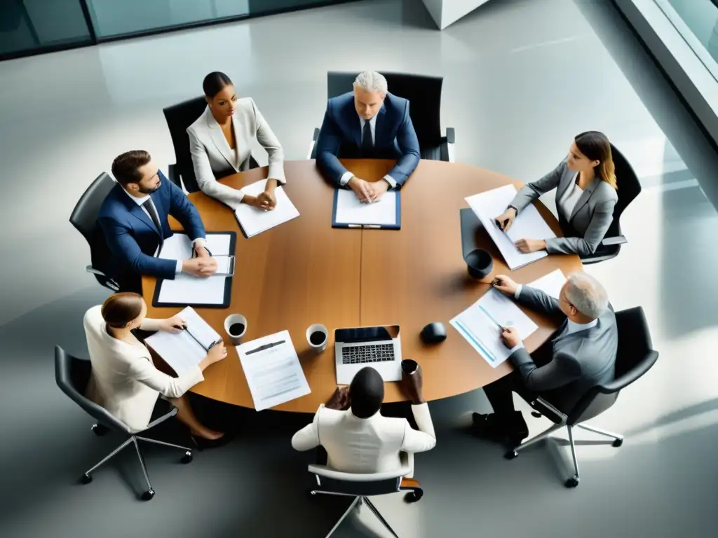 Un equipo de profesionales se reúne en una sala de juntas para una reunión de crisis, transmitiendo determinación y urgencia