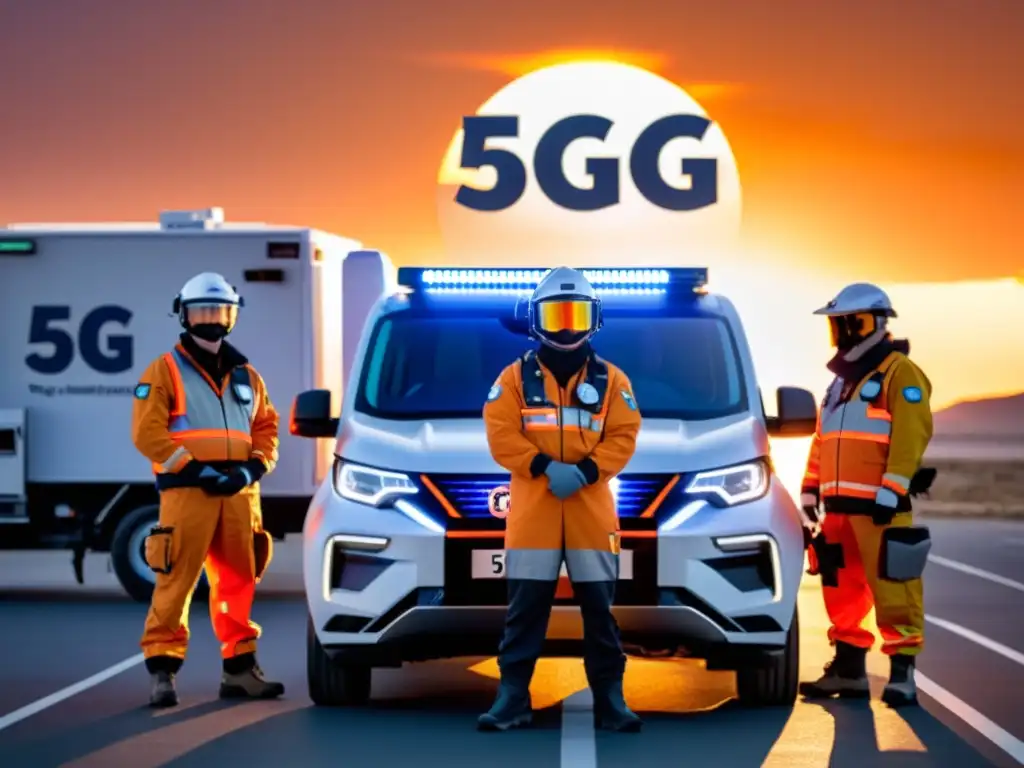 Equipo de respuesta en emergencias junto a vehículo 5G al atardecer, mostrando preparación y profesionalismo