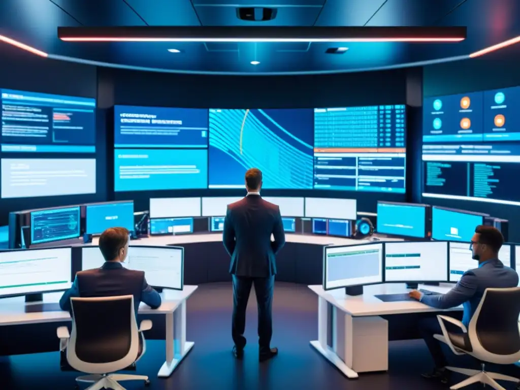 Equipo de respuesta rápida cibernética en control room futurista, colaborando con determinación