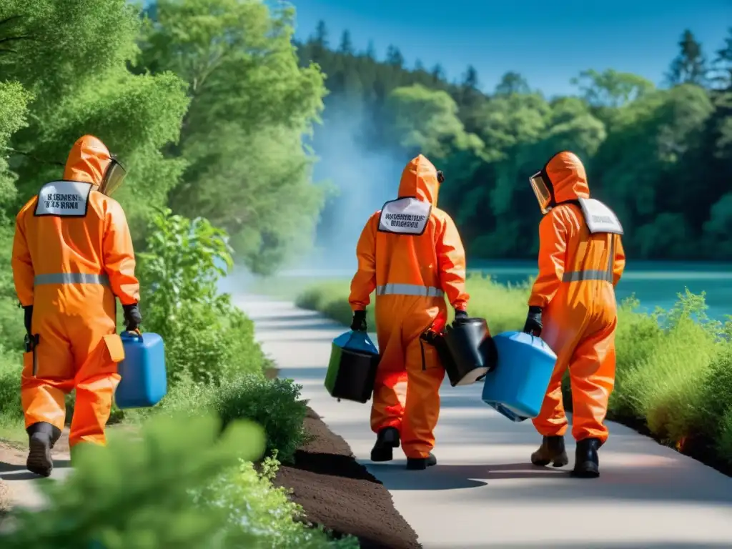 Equipo en trajes naranja coordinando respuesta emergencias ambientales en derrame químico, bajo cielo azul y árboles verdes