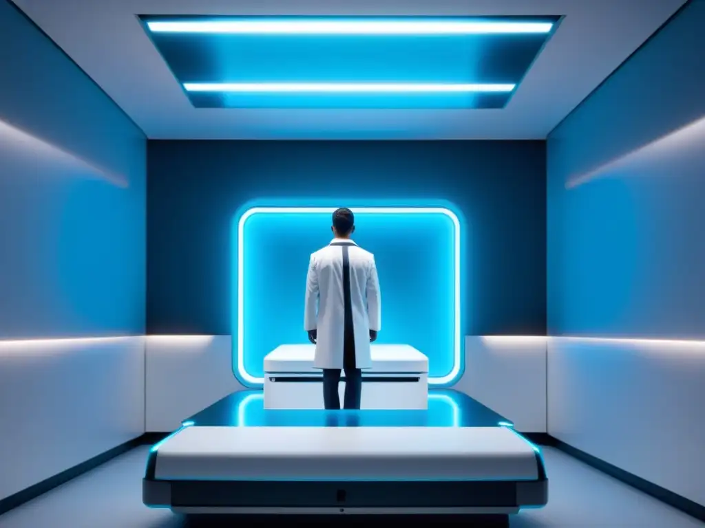 Escáner médico futurista operado por persona en laboratorio blanco estéril, emitiendo luces azules